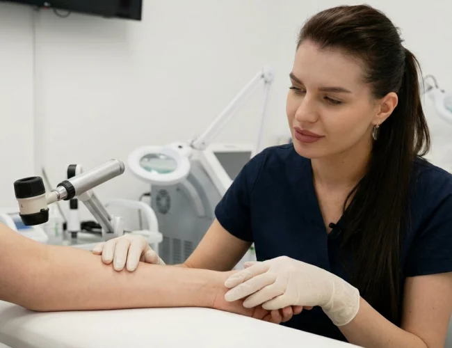 Осмотр кожи на приёме у дерматолога